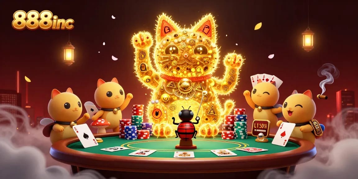 Experience the vibrant world of 888inc with a dynamic illustration of a lucky cat and casino elements.