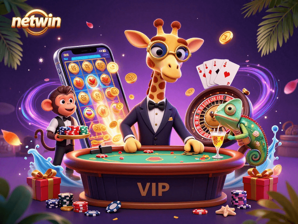 Engage with netwin's vibrant online casino experience via animated giraffe, monkey, and chameleon.