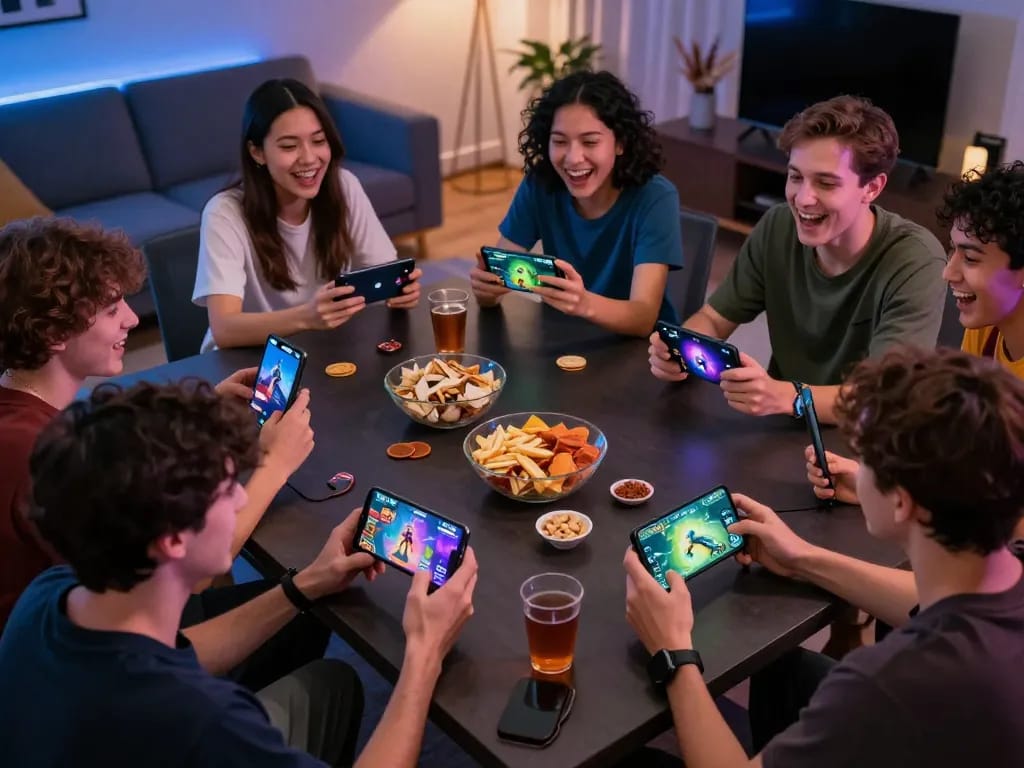 Para gamer bermain Panen178 di perangkat mobile selama pertemuan menyenangkan, menampilkan suasana yang meriah.