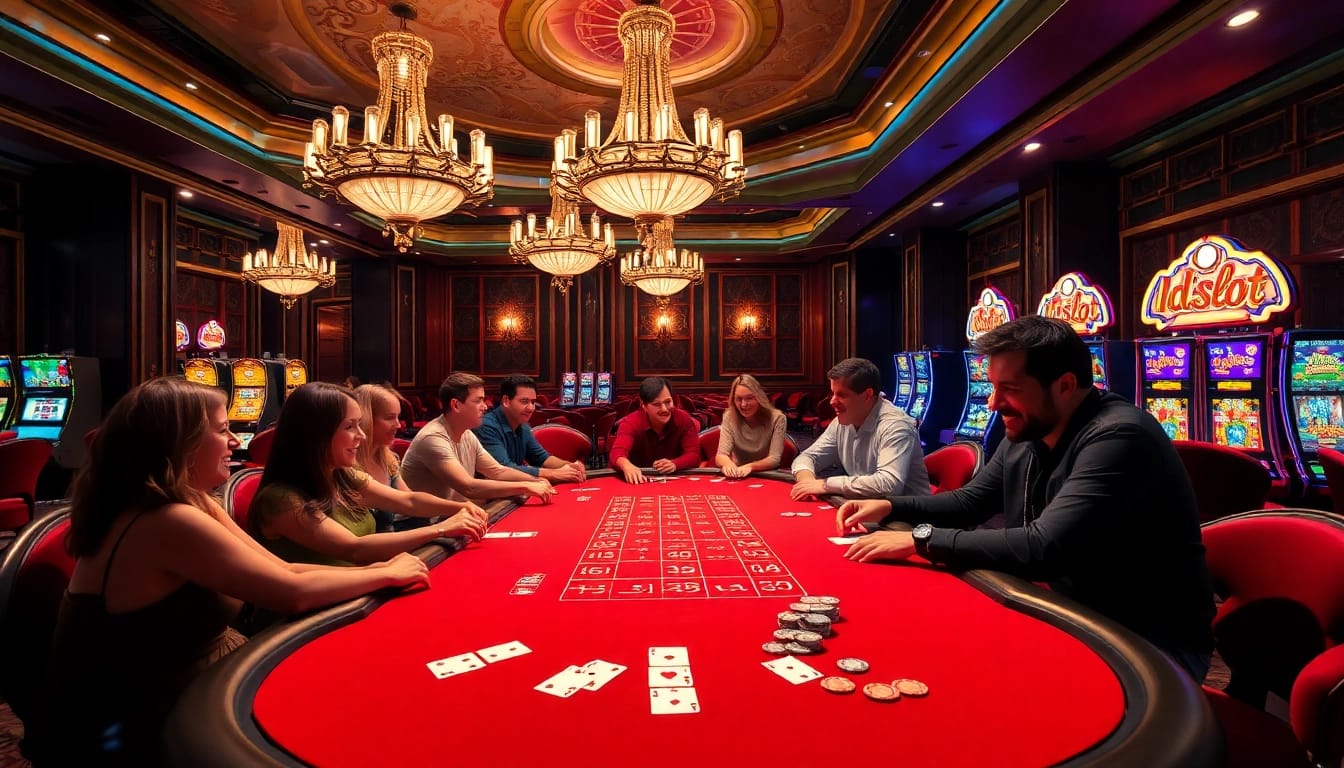 Players engaging at an idnslot table, emphasizing excitement and luxury in a vibrant casino setting.