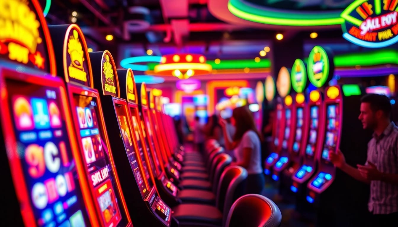 Permainan seru di toko56 dengan mesin slot berwarna-warni dan pemain yang antusias.