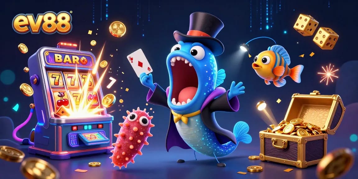 ev88 showcases a lively casino scene with a magical deep-sea eel performing tricks amidst a colorful jackpot explosion.