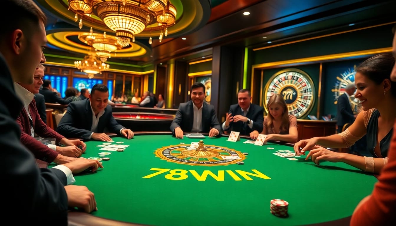 Experience the thrill of the 78WIN poker game at a sophisticated casino table surrounded by eager players.