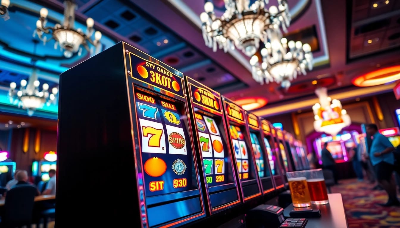 Slot Game penuh warna di kasino dengan mesin slot yang berputar cepat.