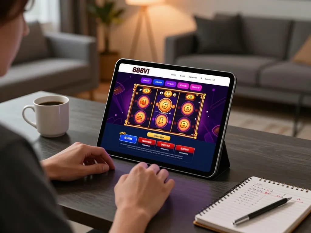 Engaging with the 888VI Homepage to enjoy online slots on a tablet in a cozy living room.
