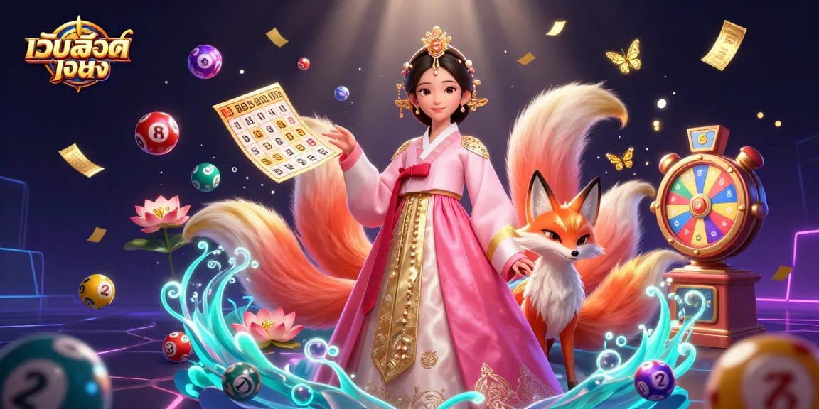 Experience the thrill of เว็บสล็อตตรง with vibrant animations of lottery balls and a lucky fox in a lively casino setting.