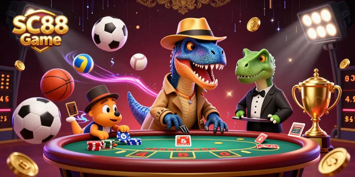Experience the thrill of SC88 Game with a vibrant scene featuring a velociraptor card counter and sneaky pickpocket at the blackjack table.