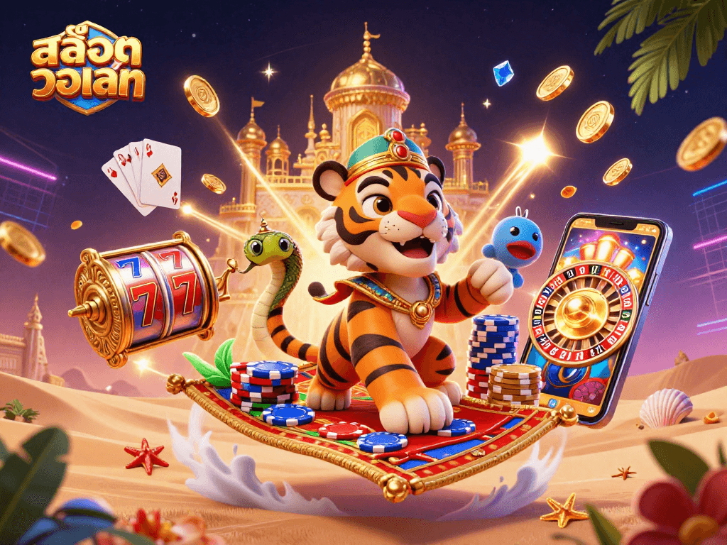 Experience สล็อตวอเลท with a dazzling 3D illustration featuring an Arabian tiger sultan on a magic carpet amidst casino themes.