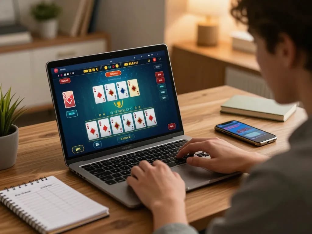 Engaging in online baccarat gameplay with yowes jp on a laptop, highlighting strategy and bankroll management.