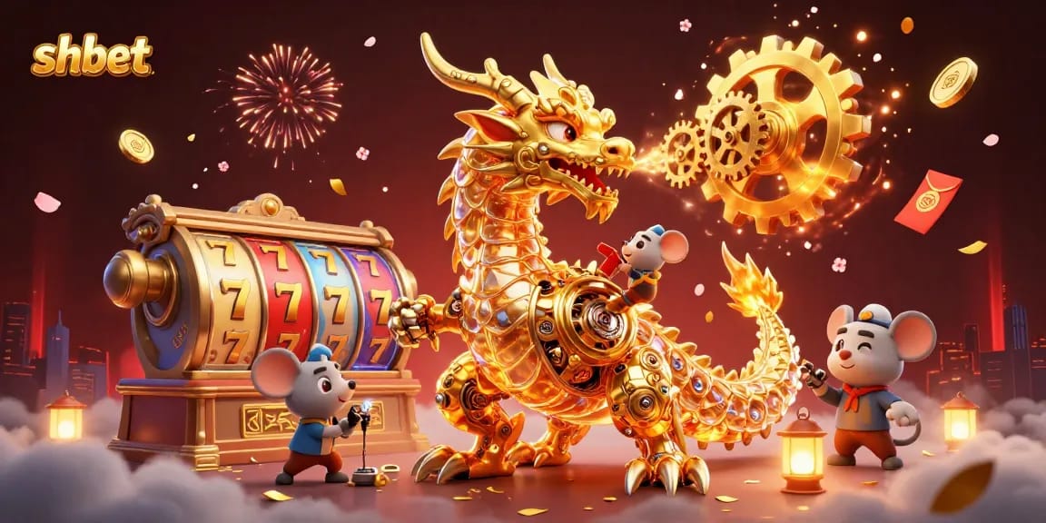 Win big at SHBET with an engaging 3D casino scene filled with golden dragons and slot reels.