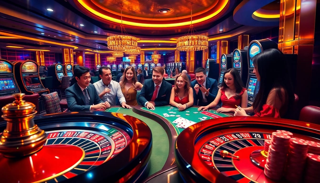 Players enjoying a lively game atmosphere at 789win casino with poker tables and slot machines.
