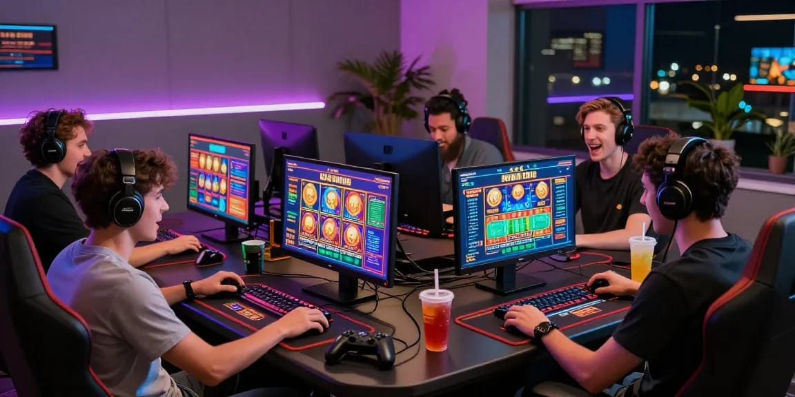 Excited players engaging with credit card casinos at https://ecpc.org.uk in a vibrant, modern gaming setup.