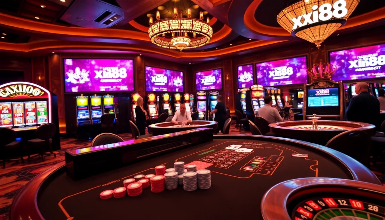 Experience the excitement of xin88 at a professional casino with game tables and vibrant slot machines.