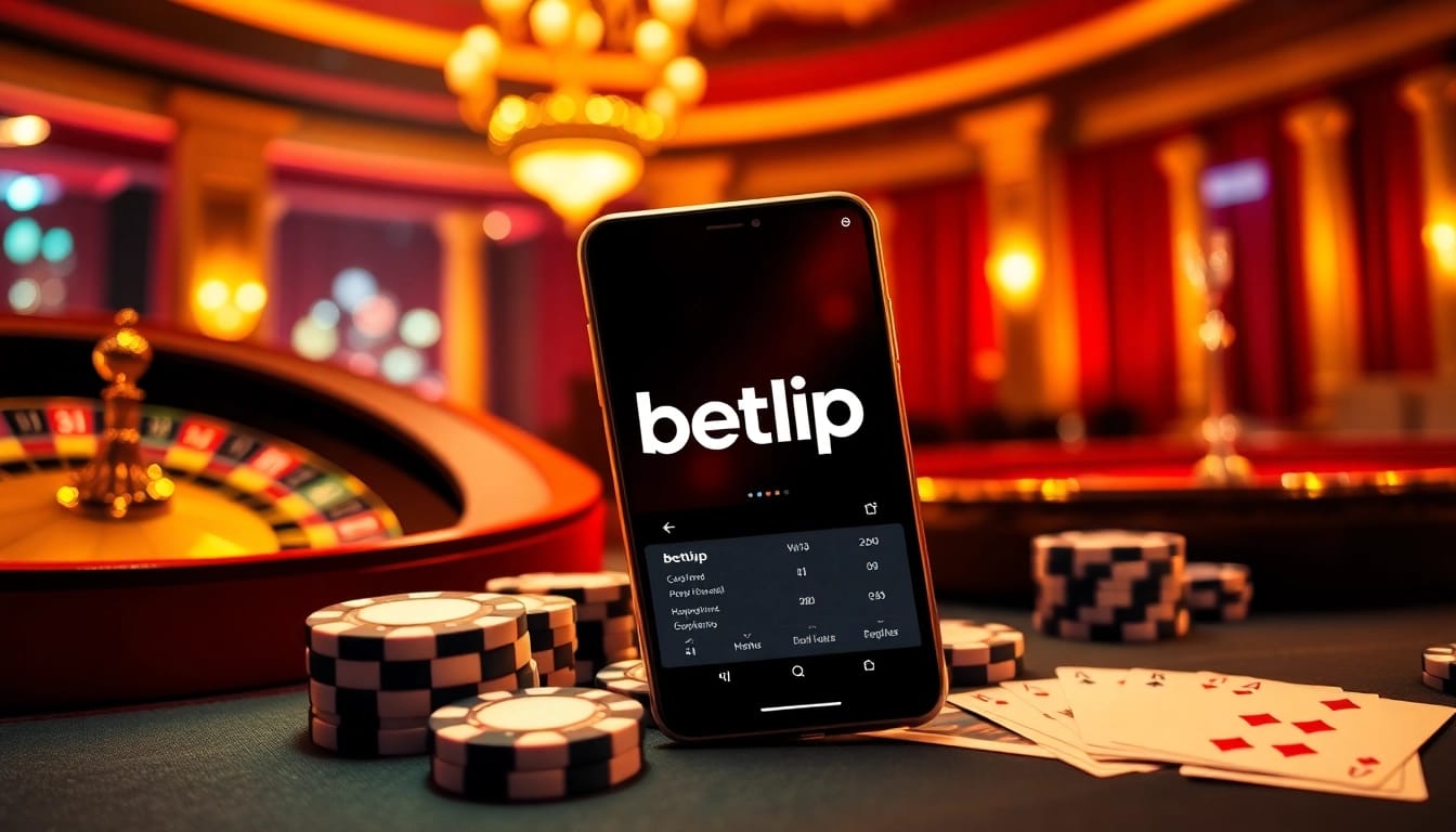 Cảnh sống động giới thiệu ứng dụng BetVIP giữa những yếu tố cá cược sang trọng như bài bạc và bàn roulette.