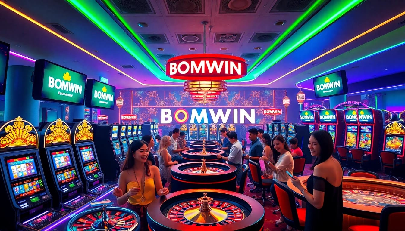 Excited players enjoying various games at BOMWIN's vibrant online casino atmosphere.