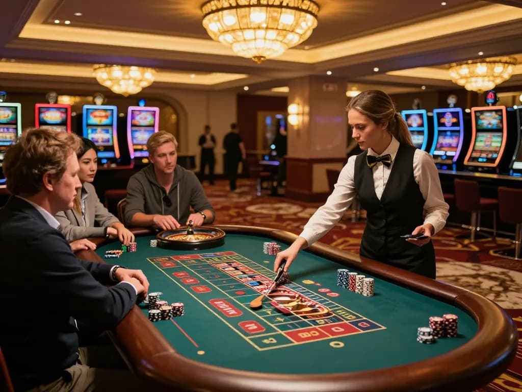 Engaging players place bets at a roulette table in a luxurious casino, highlighting tle-online gambling excitement.