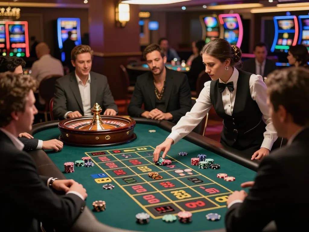 Pemain Kenzototo memasang taruhan di meja roulette yang hidup dalam suasana kasino mewah.