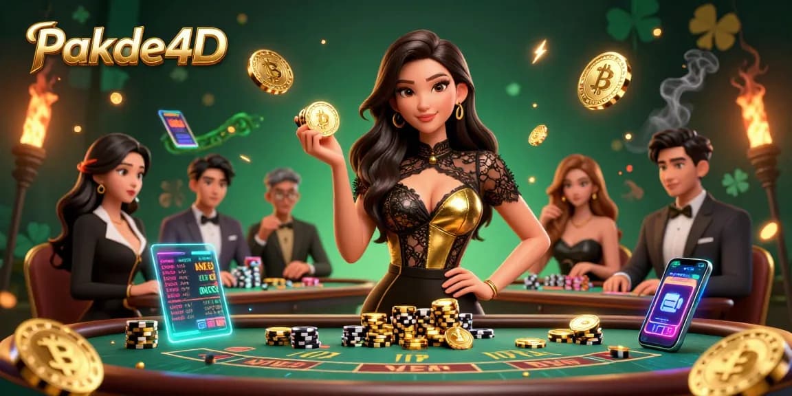Engage with Pakde4D in an exclusive baccarat setting, showcasing high-value casino chips and vibrant crypto elements.