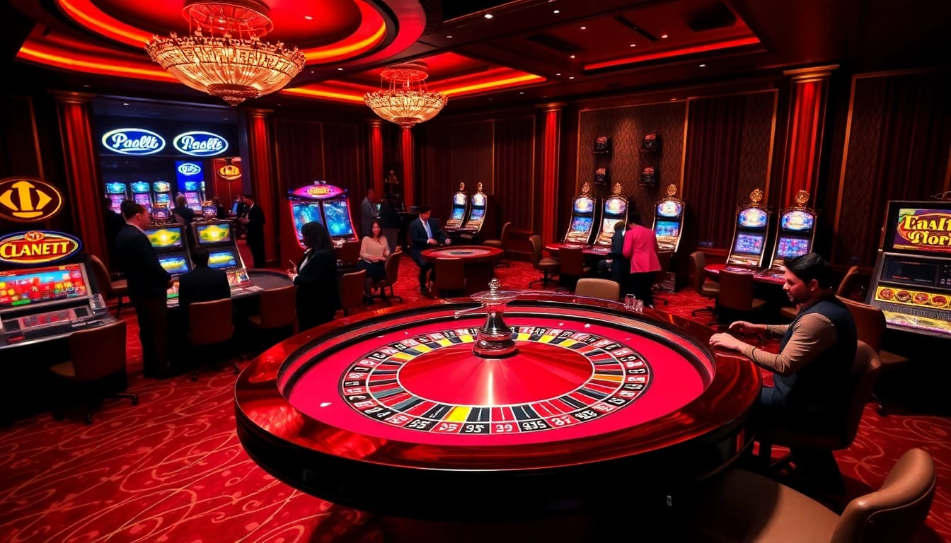 Experience the thrill of victory at jun888 with players at a roulette table, surrounded by vibrant casino lights.