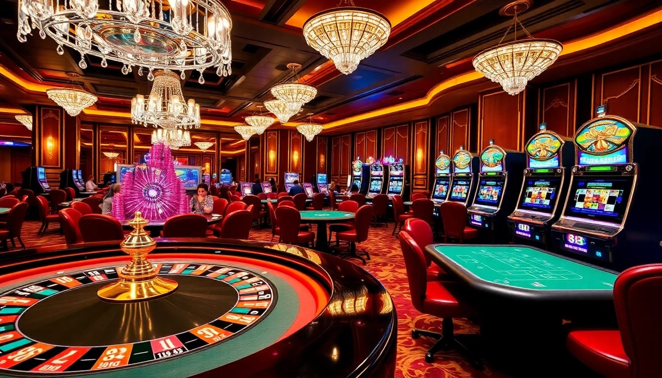 Players enjoying thrilling games at 88i casino, featuring vibrant slots and poker tables.