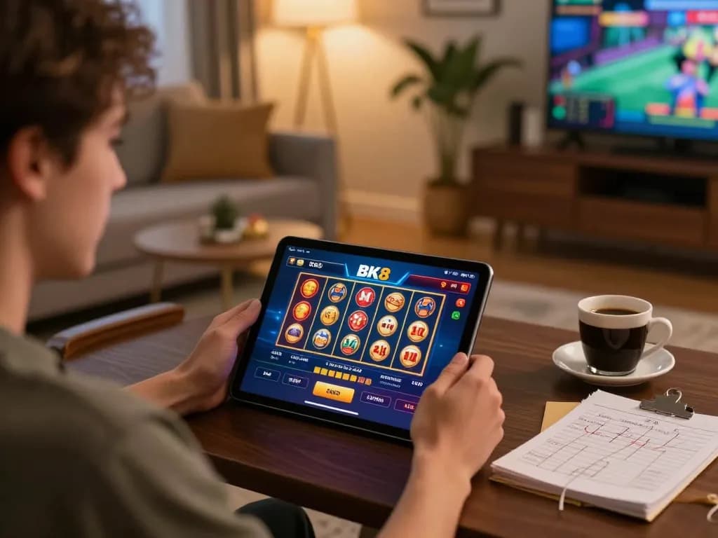 Player enjoying BK8 online casino gaming on a tablet in a cozy home setting.