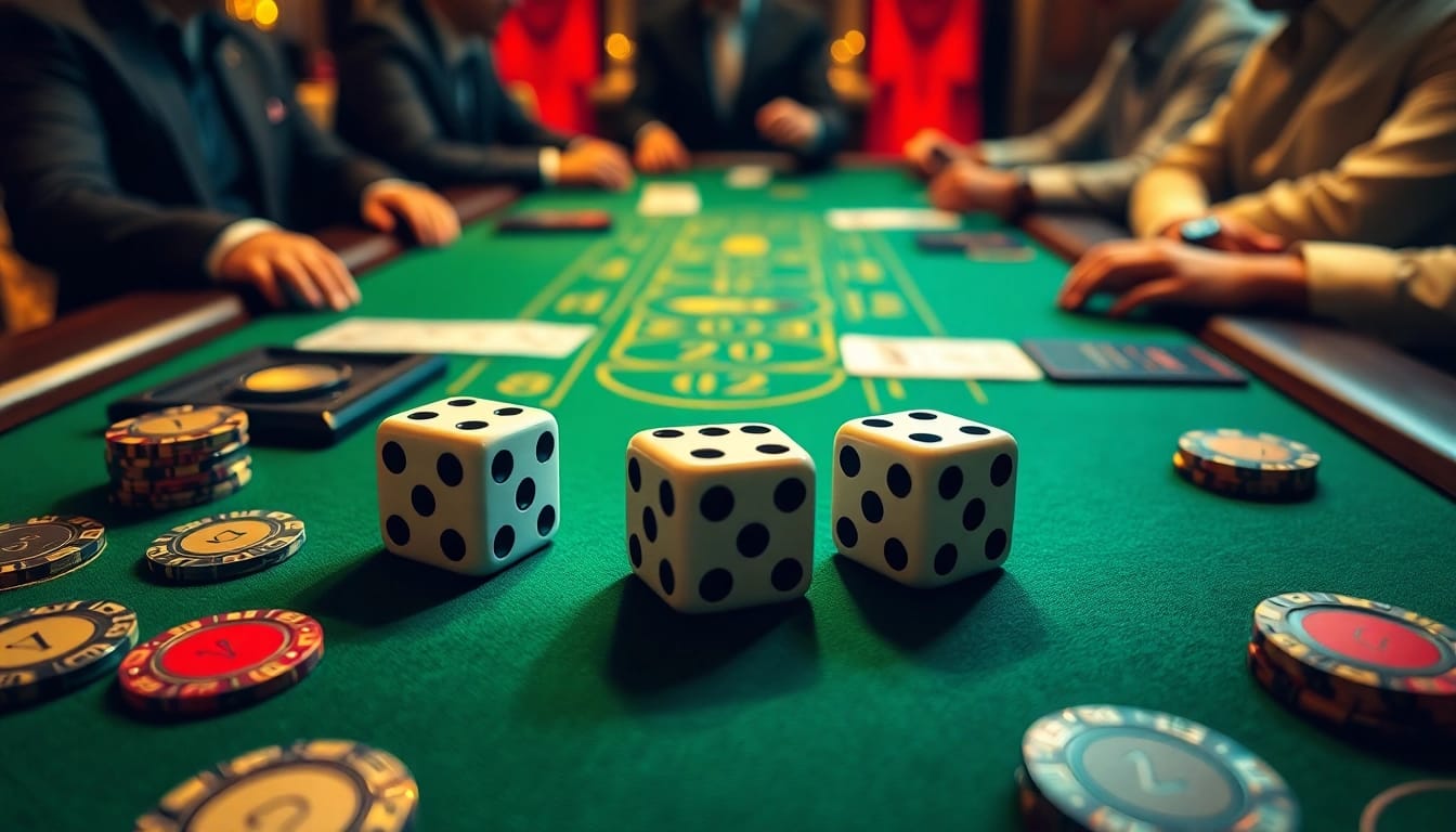 Exciting game tài xỉu setup with vibrant dice, chips, and an engaging casino atmosphere.