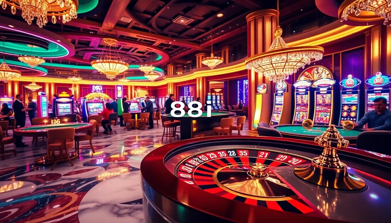 Gamblers enjoy a thrilling experience at 88I casino featuring vibrant gaming tables and slot machines.