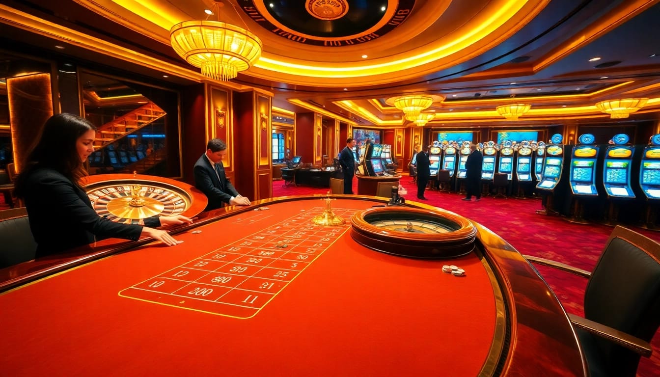 Experience the thrill at BJ 888 with a luxurious casino table setting and vibrant slot machines.