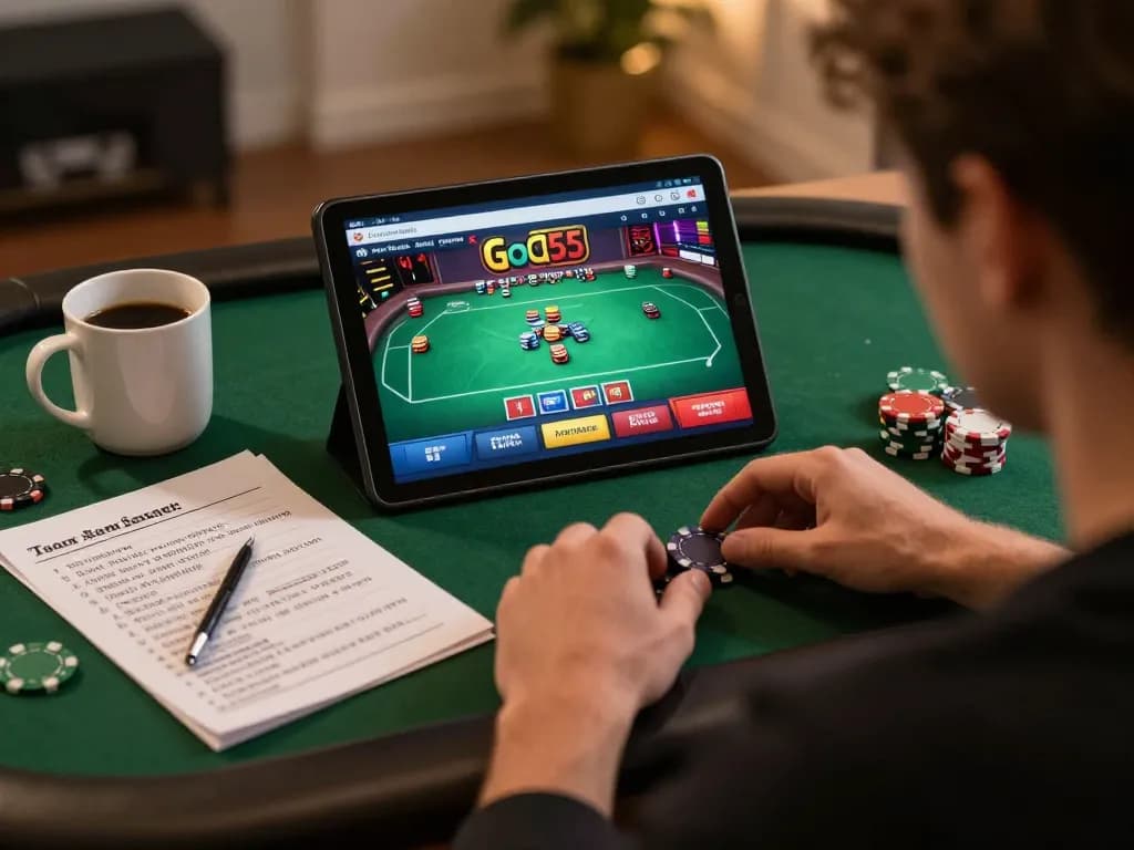 Engaging online gambling session using God55 casino app at home, showcasing betting strategies.