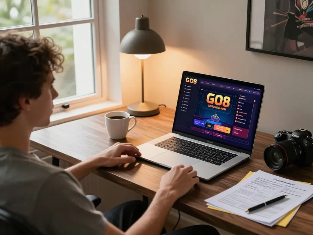 Player engaging in online gaming at GO8, showcasing sleek setup and strategic notes.