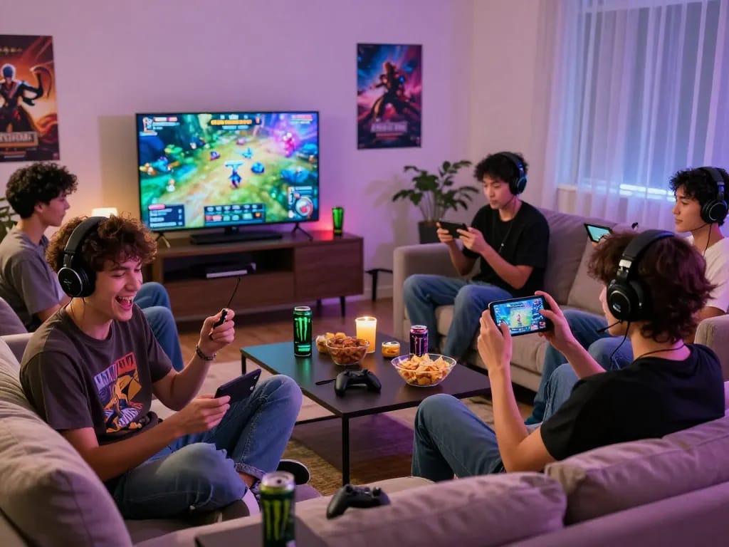Group of gamers enjoying Panen178 on mobile devices in a cozy living room setting, surrounded by snacks and gaming gear.
