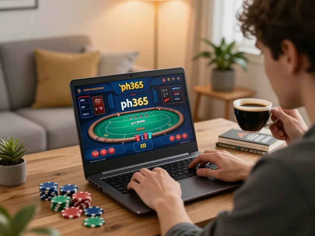 Engaged player at ph365 online casino, focusing on poker game on laptop in cozy home setting.