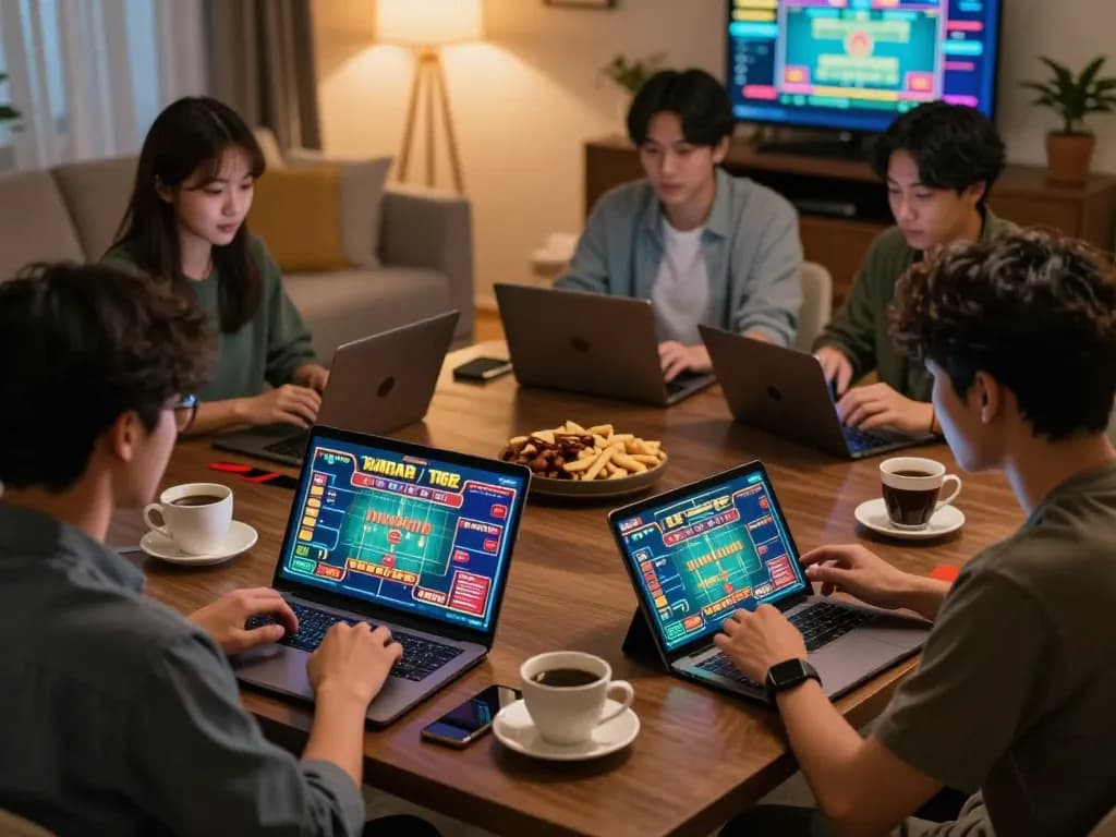 Pemain yang terlibat dalam permainan bandar togel online di lingkungan rumah yang nyaman, memperlihatkan permainan yang strategis.
