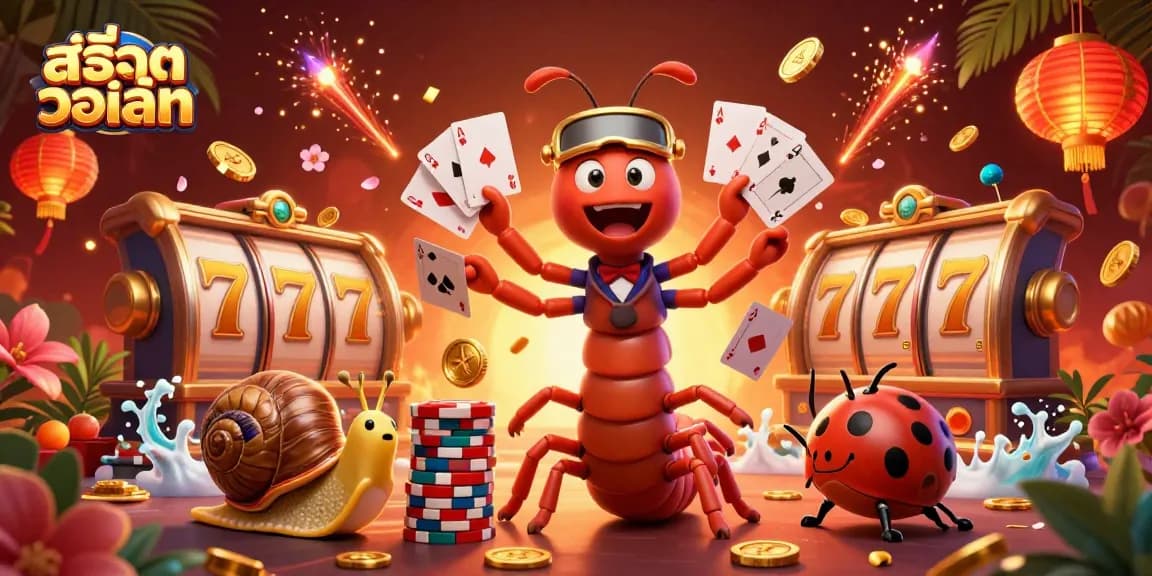 Experience สล็อตวอเลท with an energetic casino scene showcasing thrilling slot reels and colorful characters.