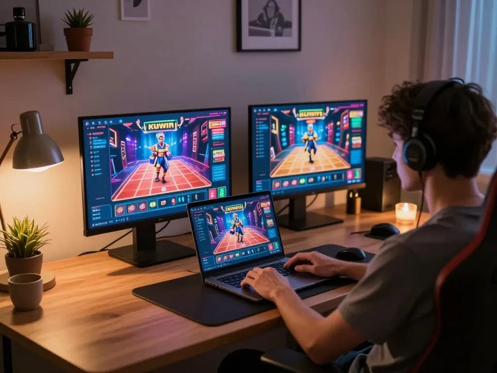 Kuwin gaming experience, user engaged with online casino laptop setup in a cozy home environment.