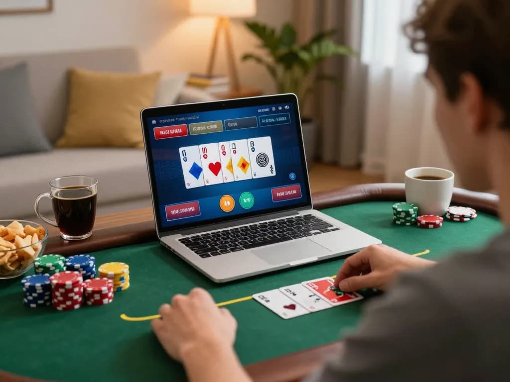 Engaging online poker gameplay at home with tg88 on screen, showing strategic decision-making in action.