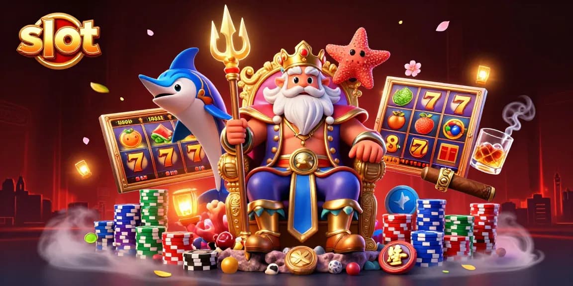 Spin the slot reels and win big with vibrant casino elements surrounding Neptune and his companions.
