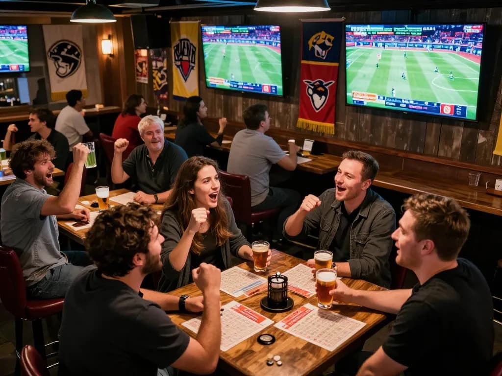 Energetic atmosphere of nhà cái 8xbet with friends placing bets while watching live sports games