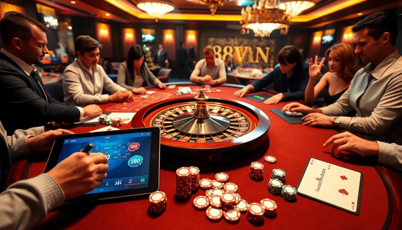 Players enjoying a thrilling gaming experience at 68VIP, featuring poker chips and a roulette wheel.