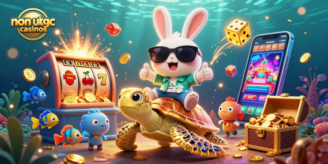 Engage with vibrant non ukgc casinos scene featuring lucky rabbit and sea turtle amidst jackpot excitement.