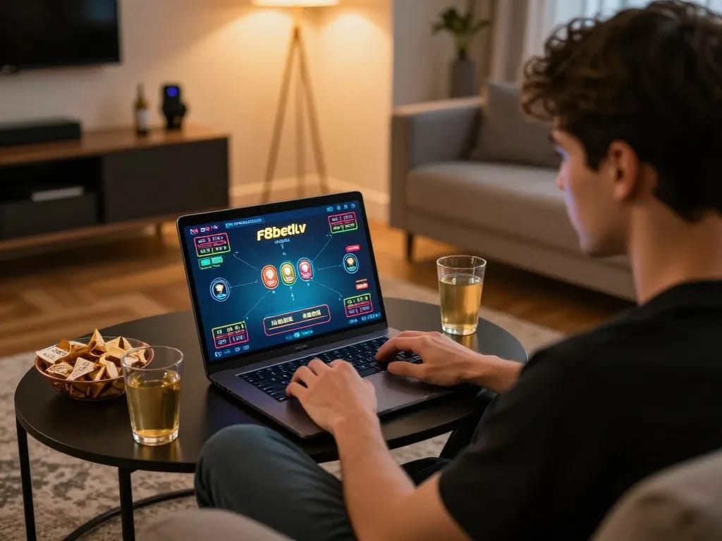 Player exploring f8betlv game options on a laptop in inviting home setting, showcasing comfortable online gambling experience.