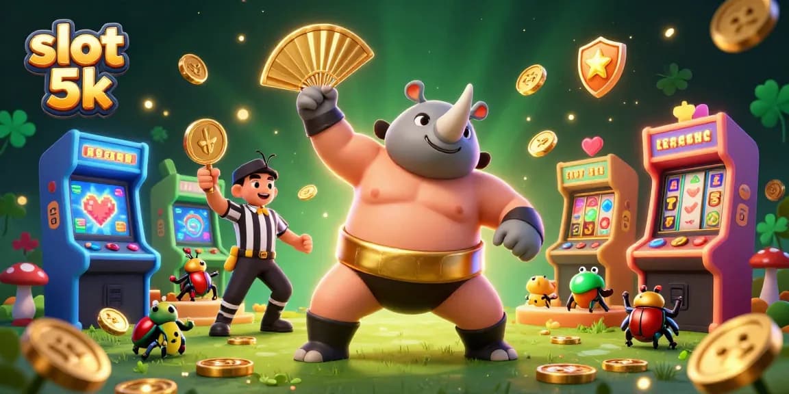 Engage in thrilling gameplay with slot 5k alongside a powerful sumo beetle champion and vibrant casino elements.