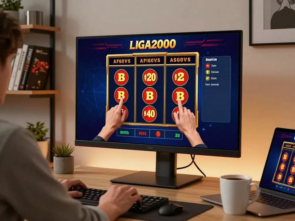 LIGA2000 online casino setup with a player placing bets on a slot game at home for responsible gaming.