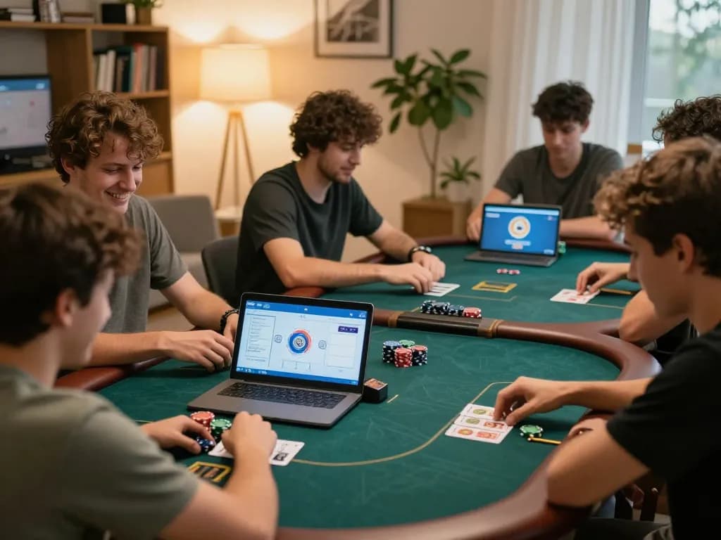 hello88 online poker game in a cozy living room, showcasing players engaged in strategic gameplay.