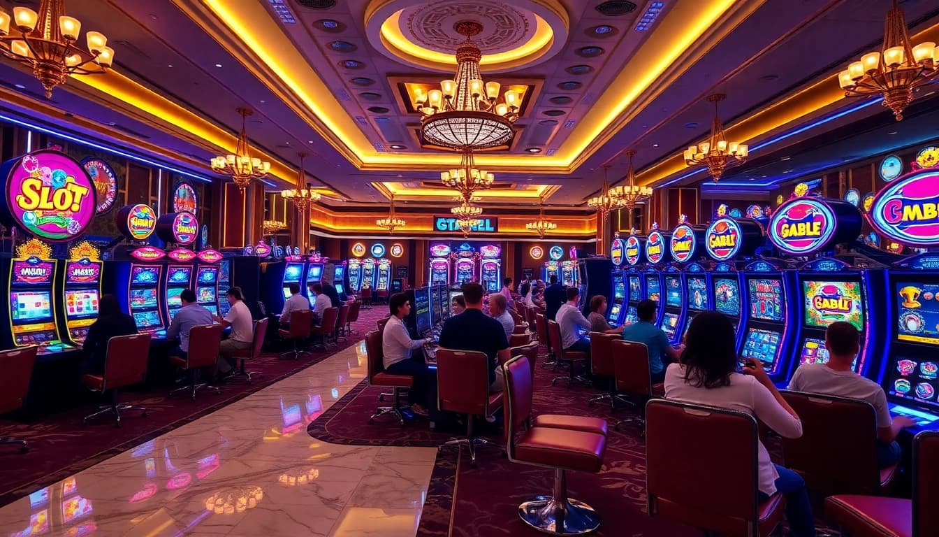 Excited gamblers engage with vibrant slot gacor machines in a luxurious casino setting.