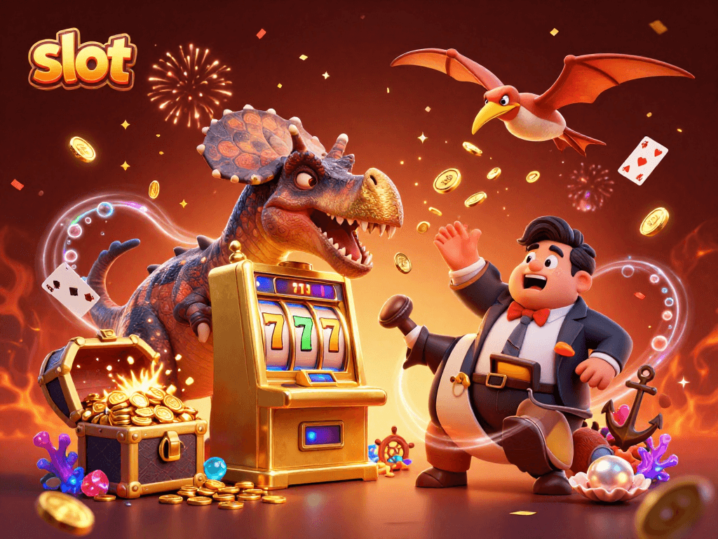 Slot machine pays out jackpot as cartoon dinosaurs celebrate amidst coins and confetti.