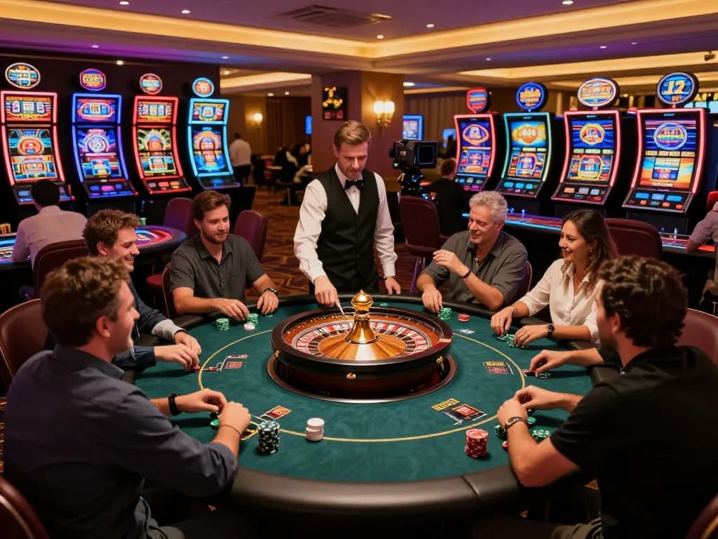 A player enjoying a non gamstop experience at an exciting casino table, surrounded by vibrant activities.
