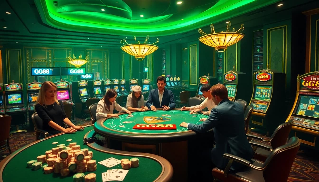 GG88 players enjoying a thrilling casino experience at a high-stakes poker table.