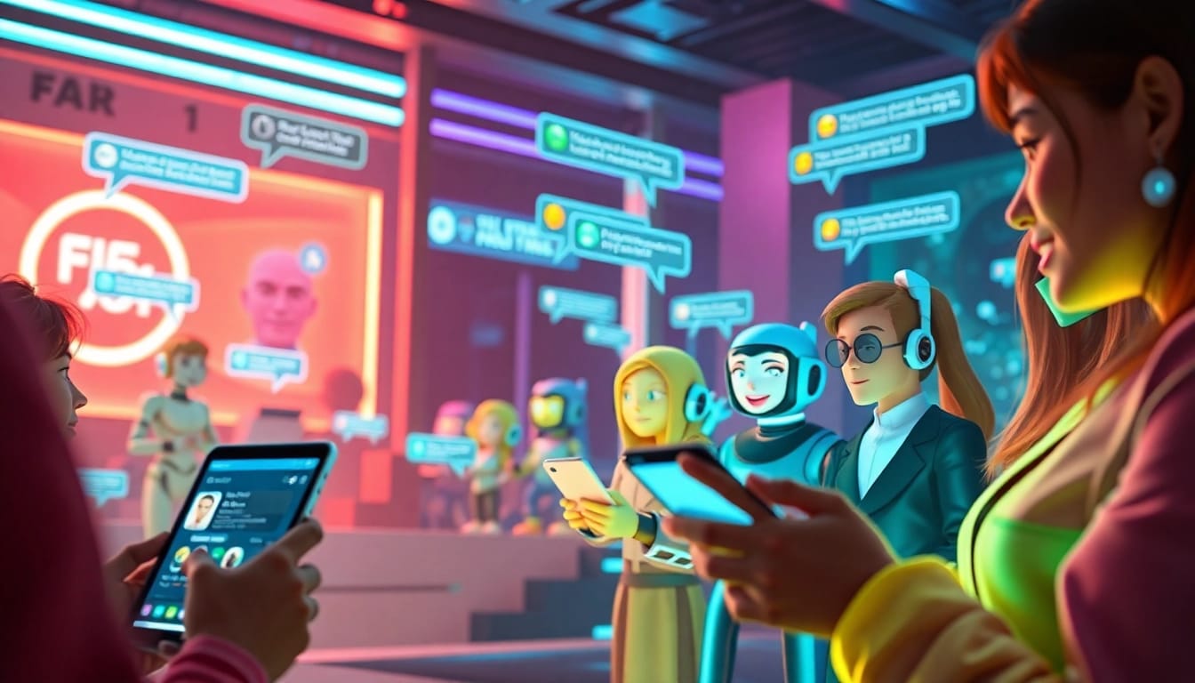 NSFW character AI chat interaction in a vibrant digital landscape featuring animated chatbots and engaging user interfaces.