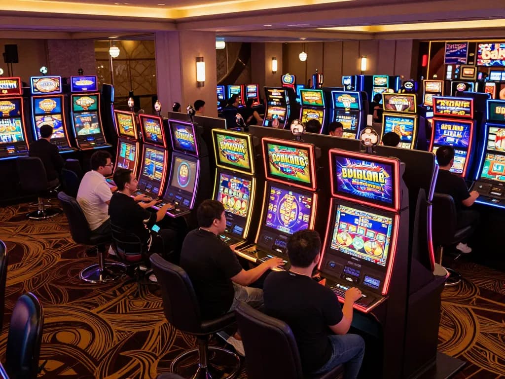 Engaged players enjoying slot gacor games with vibrant machines in a lively casino atmosphere.